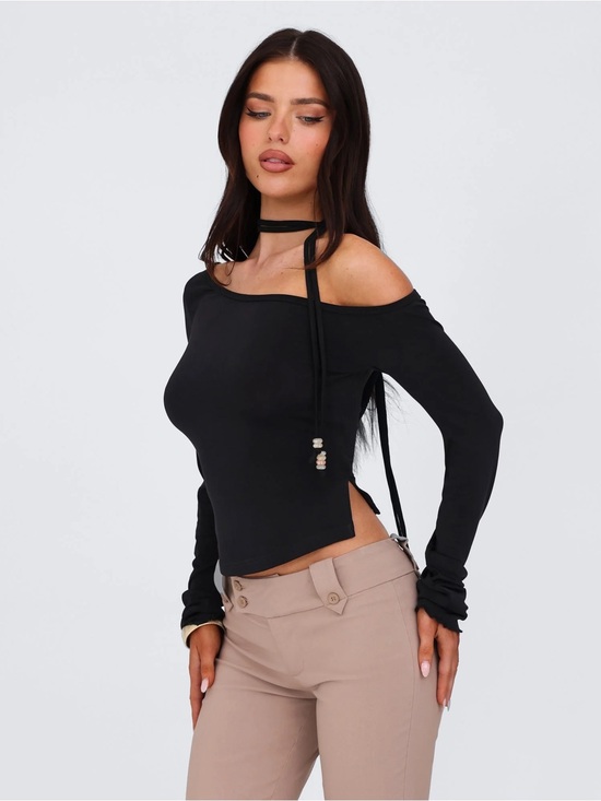 Tiger Mist Tops - Tiger mist Off-Shoulder Black Long-Sleeve Top with Choker Detail
